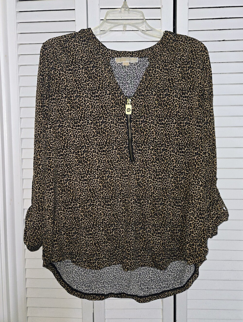 Michael Kors Women's XL Leopard Print 1/2 Zip Blouse - Dark Camel